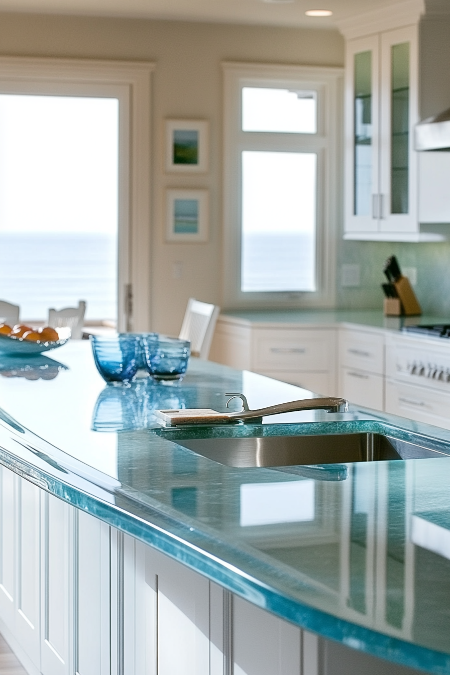 Coastal Modern Kitchen. White cabinetry, topped with blue quartz countertops.