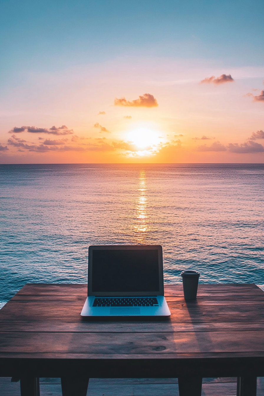 Workspace inspiration. Minimalist office desk over a serene seascape at sunset.