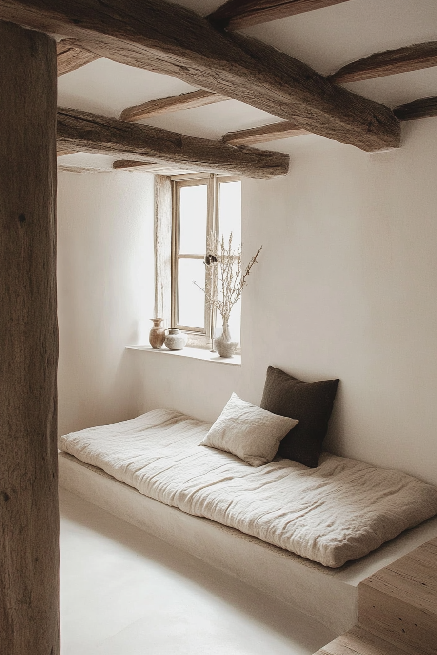 Tiny home interior. Minimalist low-lying futon amidst bleached wooden beams.