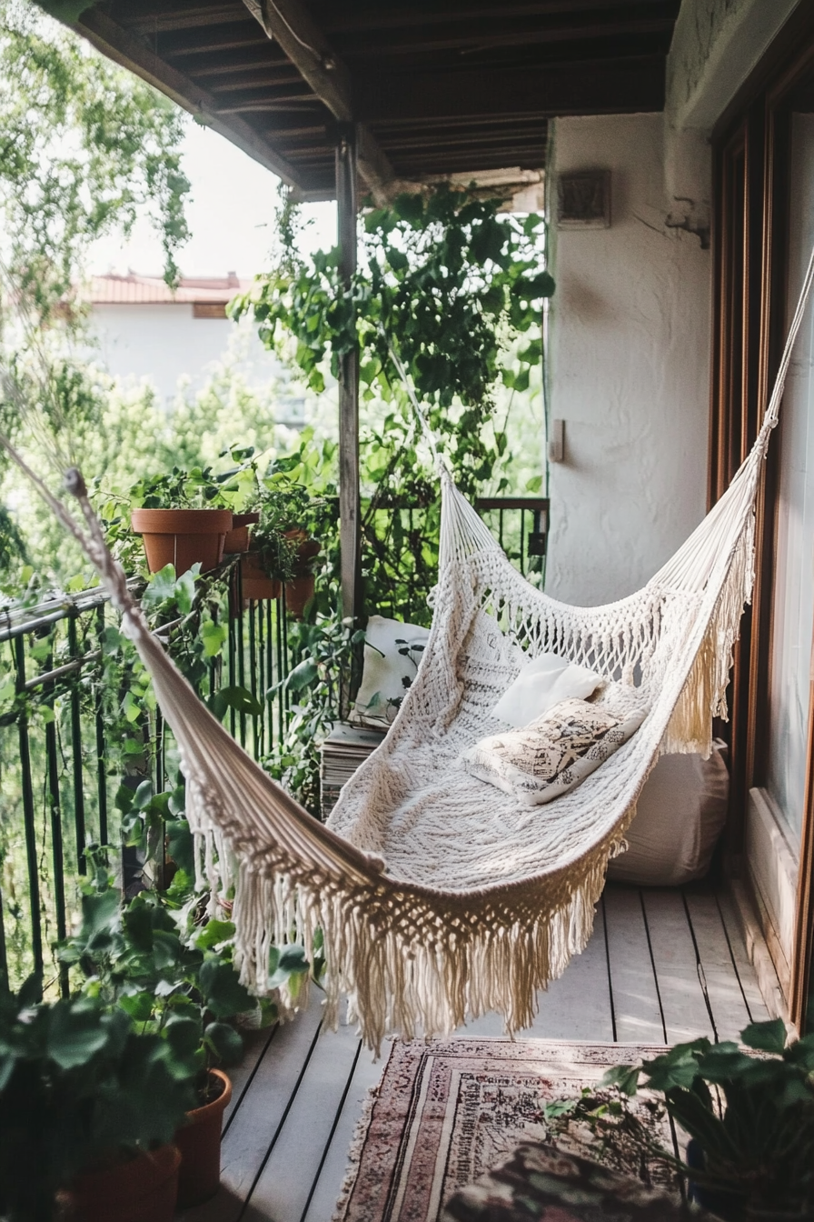 Urban boho balcony. Living space outdoors with a white macrame hammock and clusters of green plants.