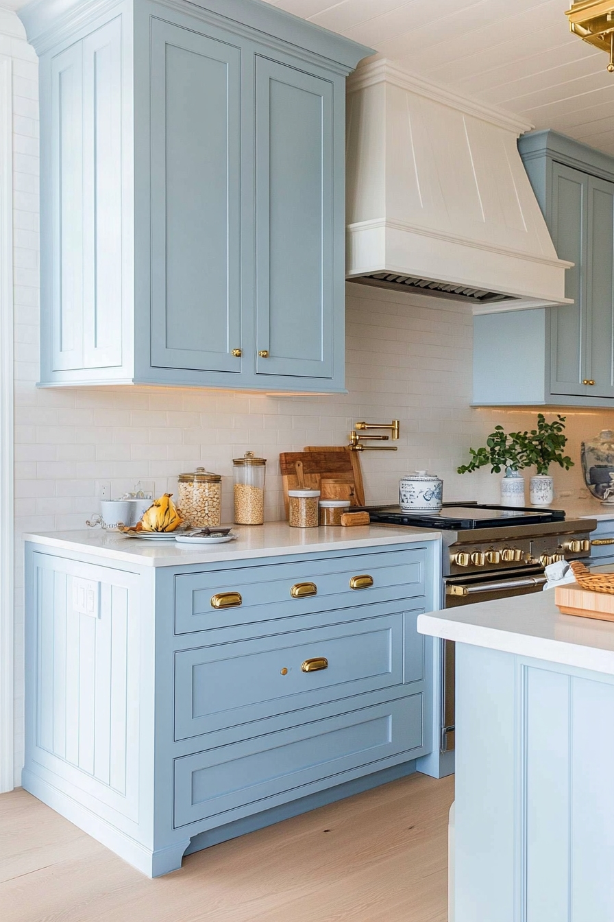 Coastal-themed kitchen. Light blue cabinets with antique brass hardware.