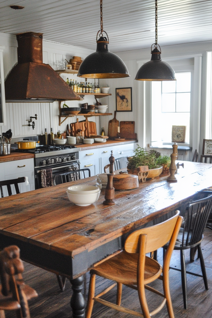 Farmhouse Kitchen. Vintage wooden dining table with metal mixed material chairs.