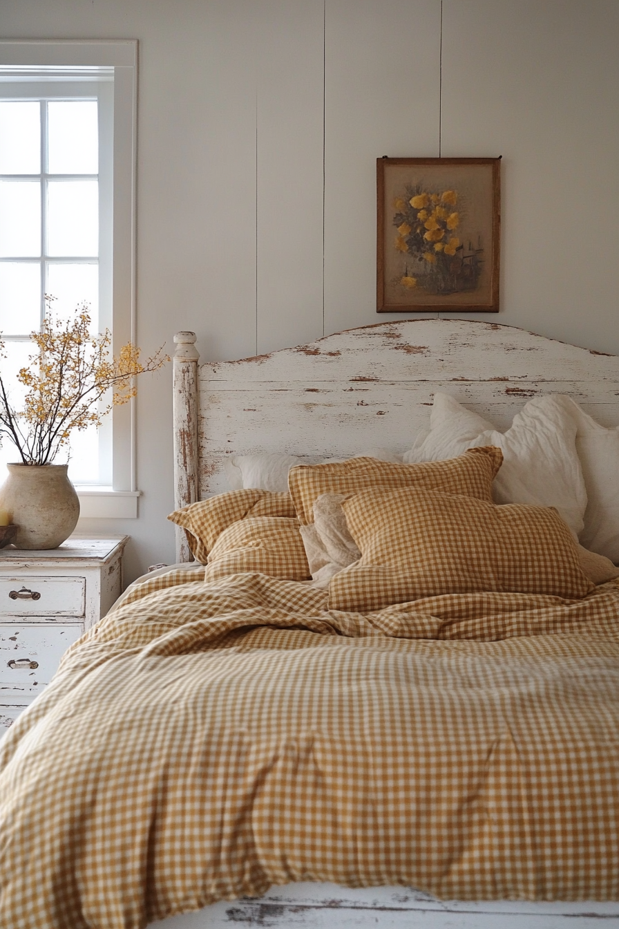 Fall bedroom. Golden gingham duvet with whitewashed distressed wood bed frame.