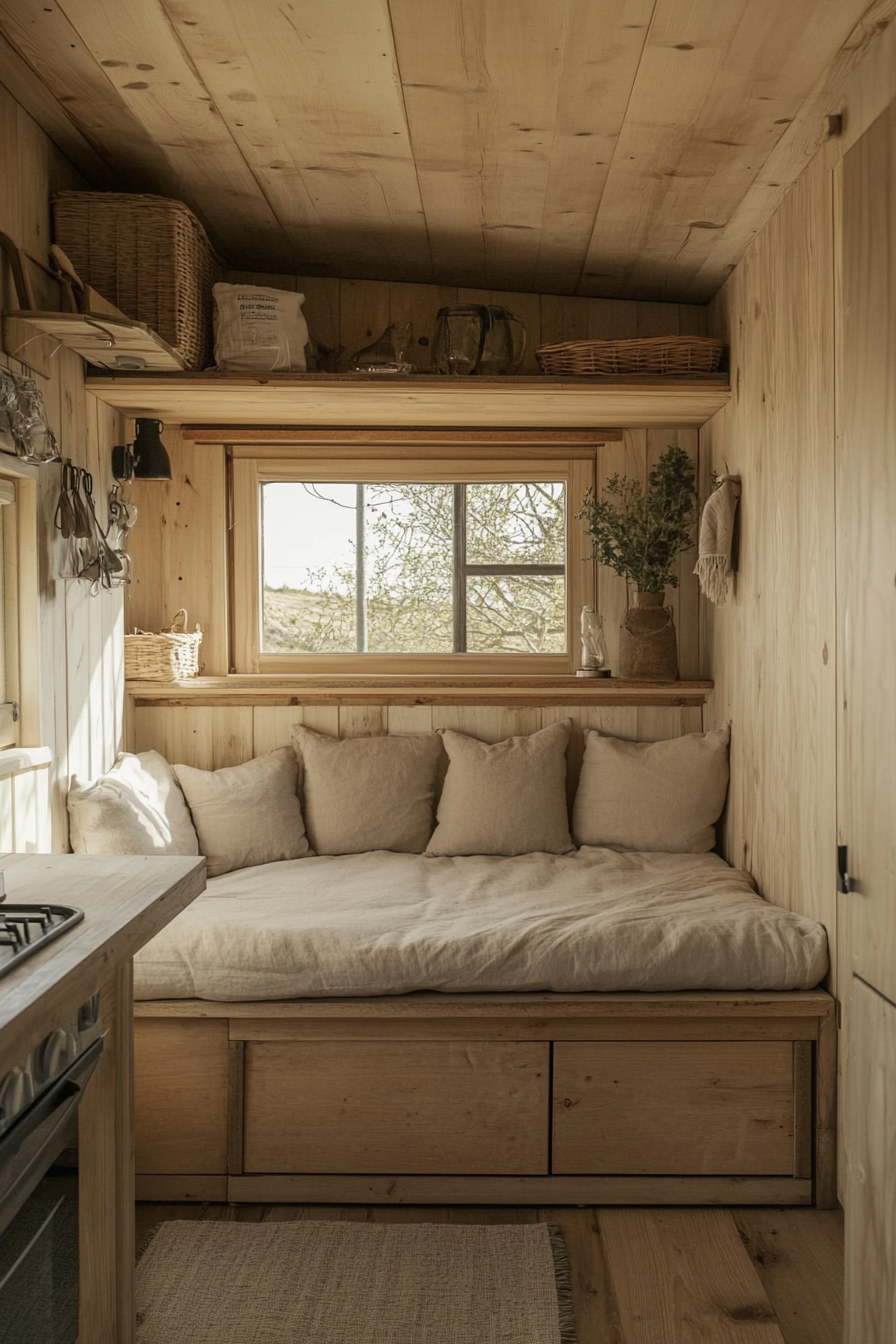 Tiny home interior. Pale timber surface with unclad futon sofa bed.