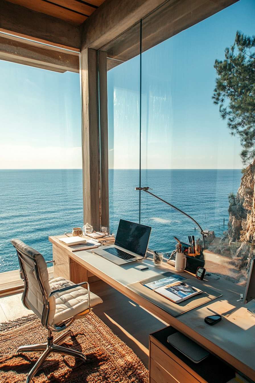 Inspiring workspace. Wide desk in front of a large glass panel overlooking the sea.