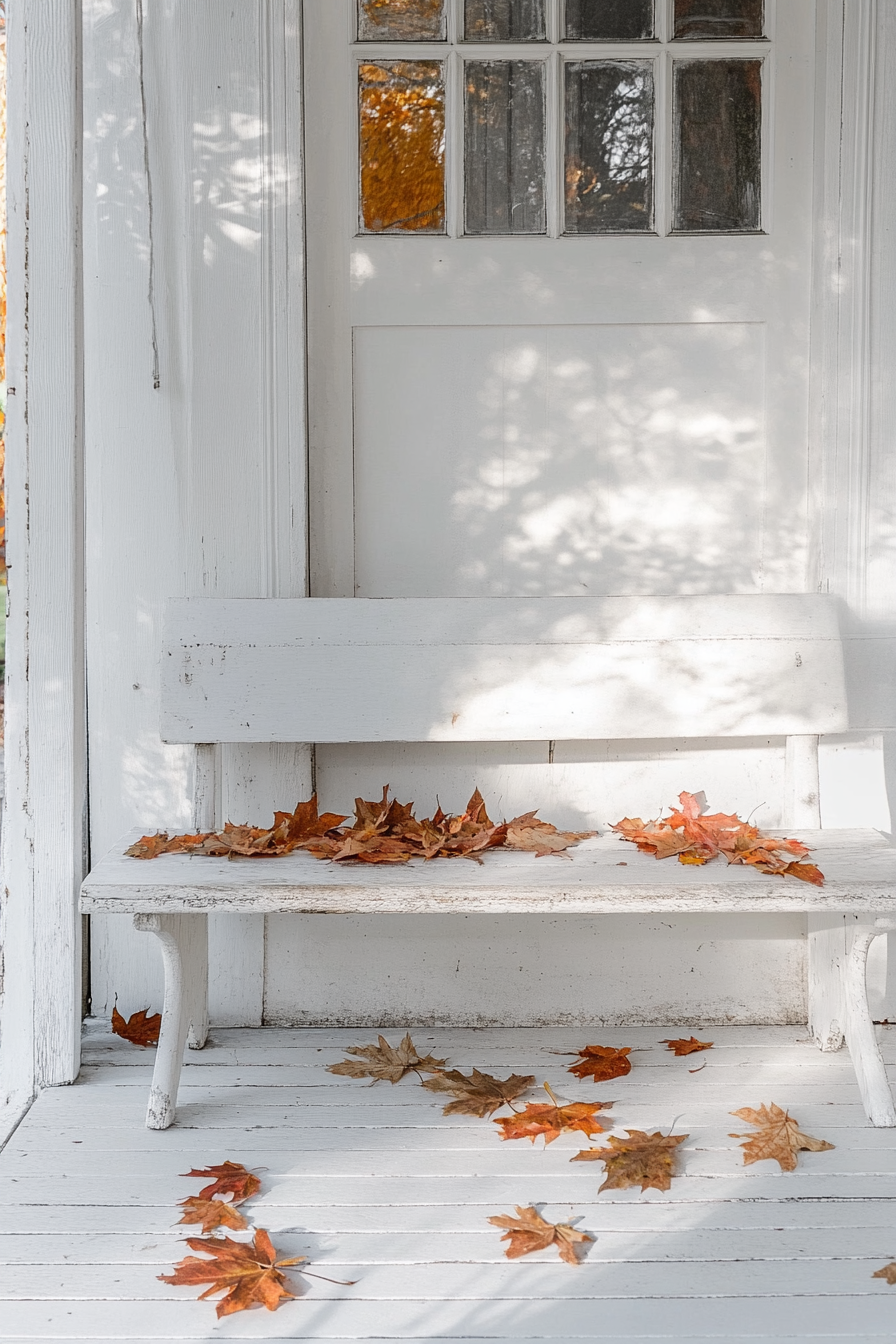 Fall porch. Falls leaves spread over a white minimalist bench.