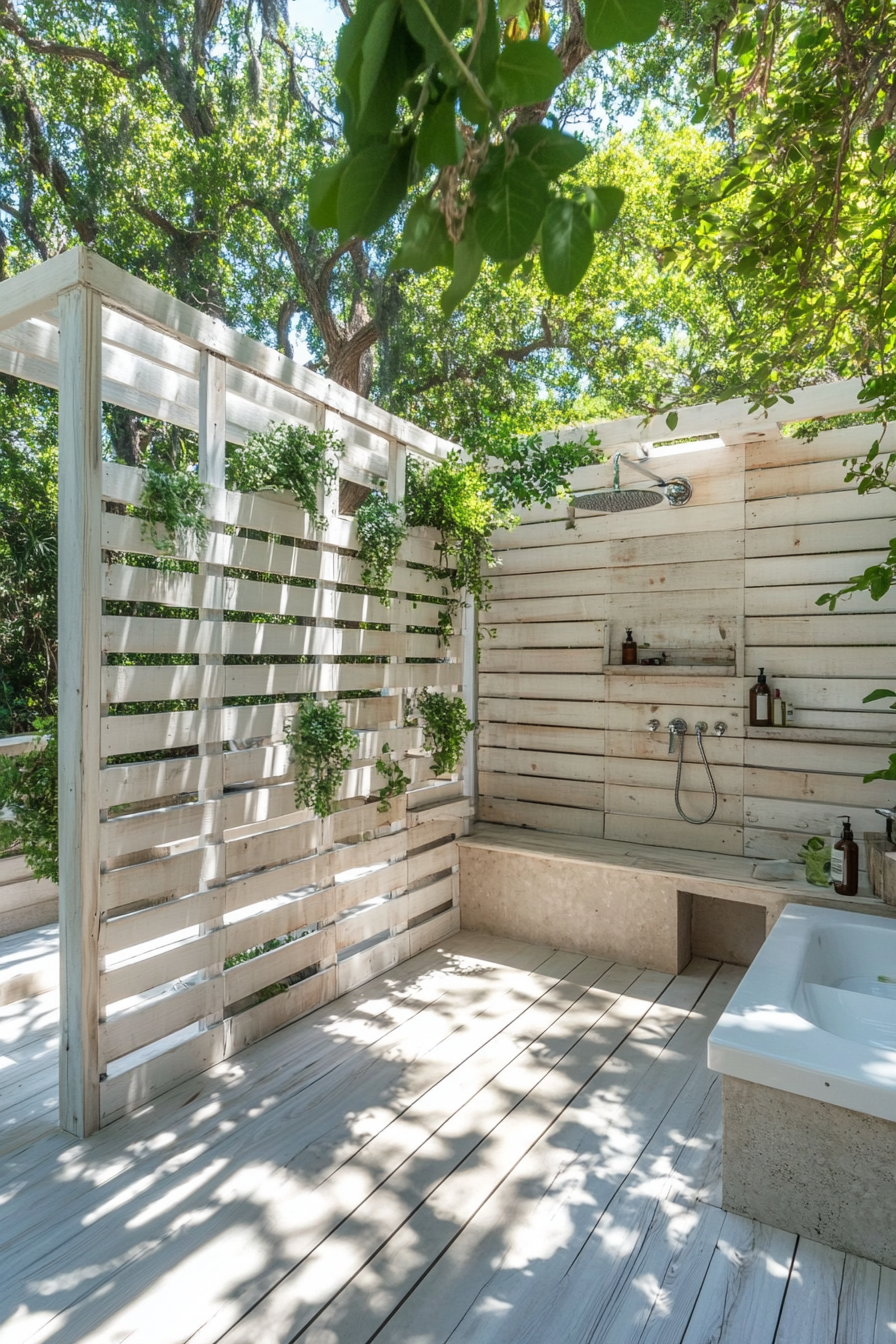 Outdoor shower setup. White weathered wood enclosure with wraparound sunscreen lattice.