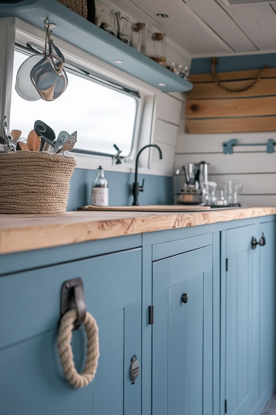 Coastal camper van interior. Pale blue cabinets with rope handles.