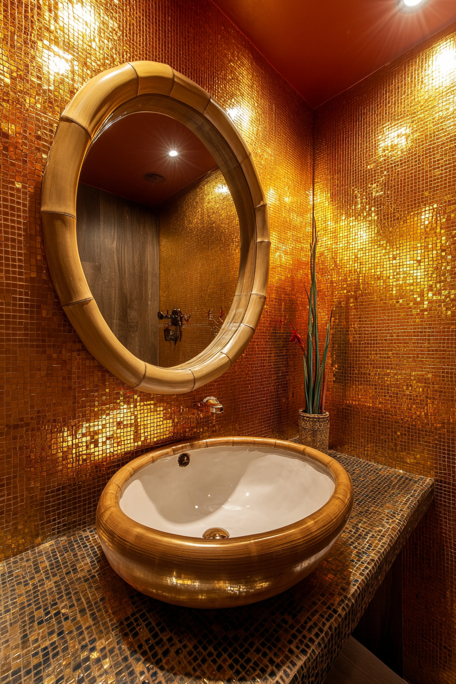 Small bathroom in yoga center. Gold leaf, mosaic tiled walls, bamboo-framed oval mirror.