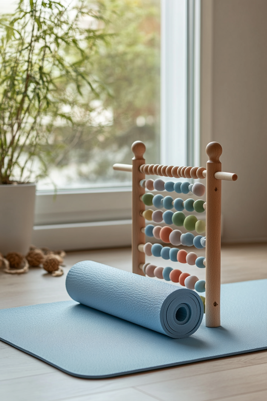 Kids' yoga area. Compact light blue mat and wooden bead abacus.