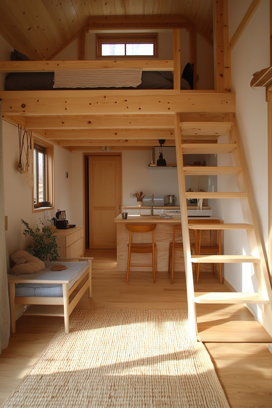 Tiny home interior. Light wood tatami mat place on Swedish lagom inspired minimalistic furniture.