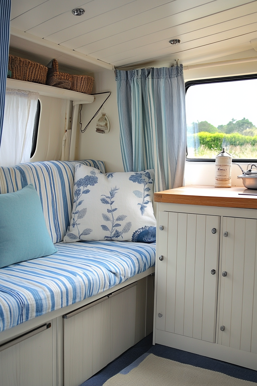 Coastal Camper Van interior. White cupboards with blue striped curtains.