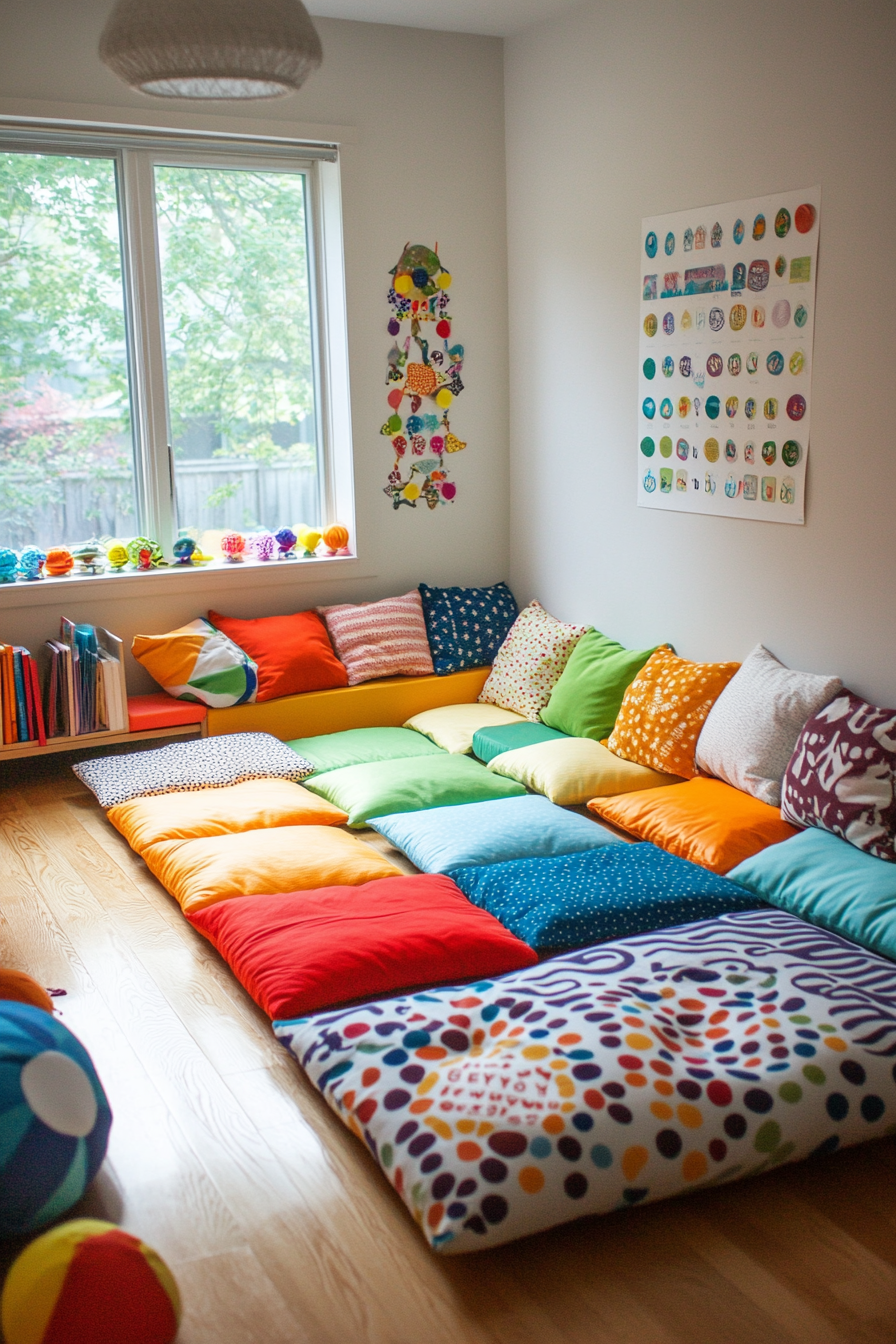 Compact kids' yoga area. Floor cushions and Montessori-inspired yoga progress chart.