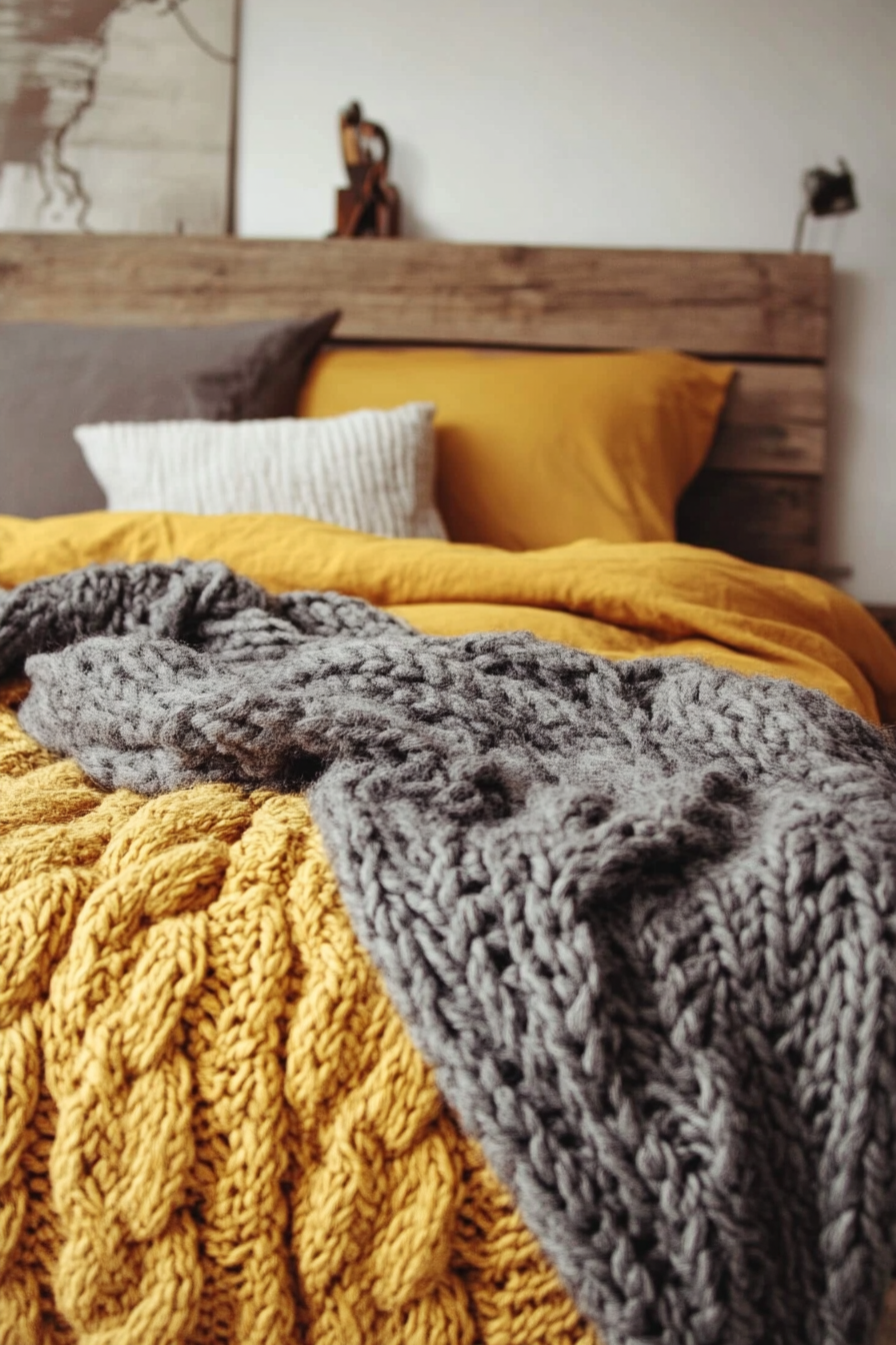 Fall bedroom. Mustard yellow duvet, wood platform bed, gray chunky knit throw blanket.