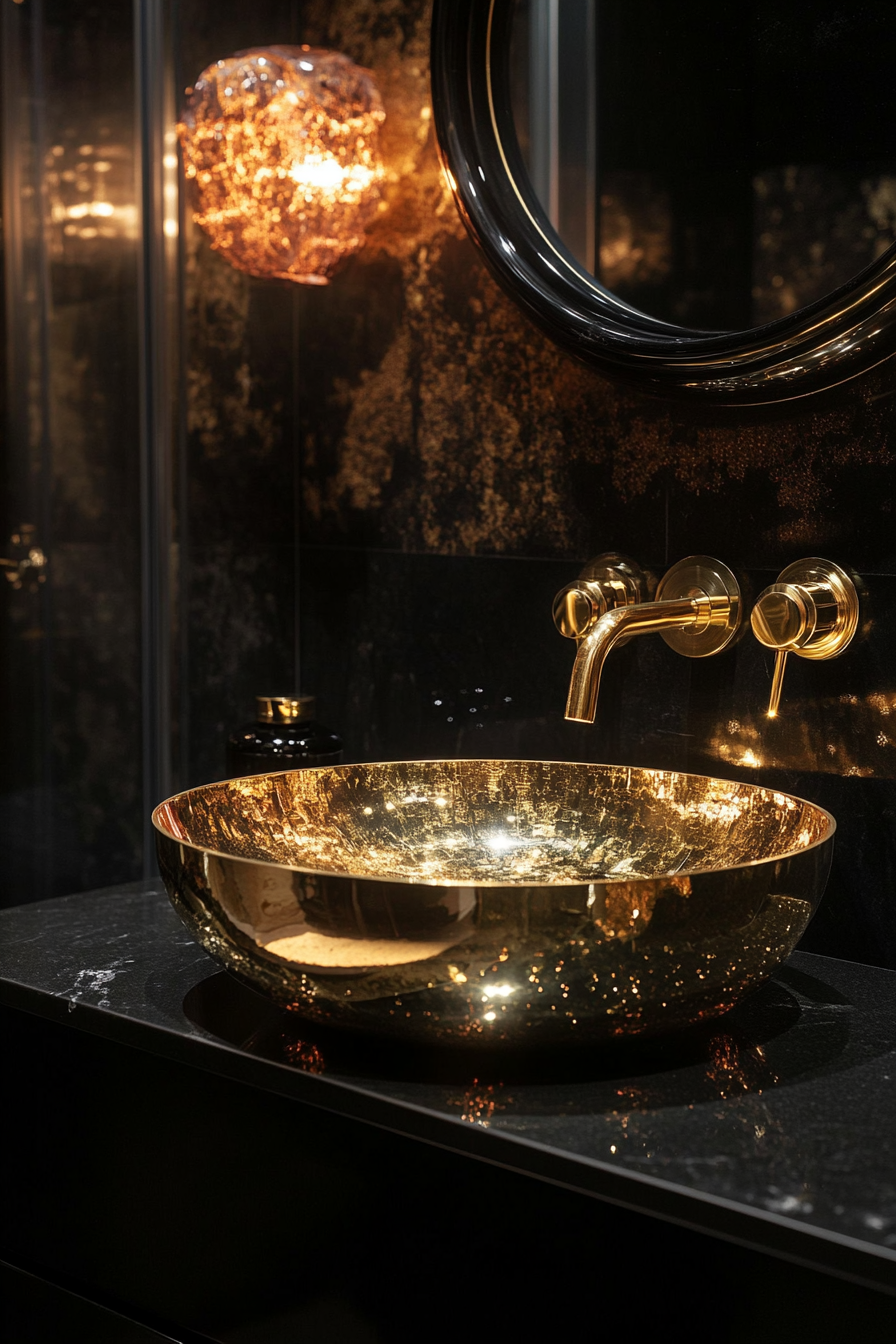 Small luxurious bathroom. Reflective surfaces with golden faucets.