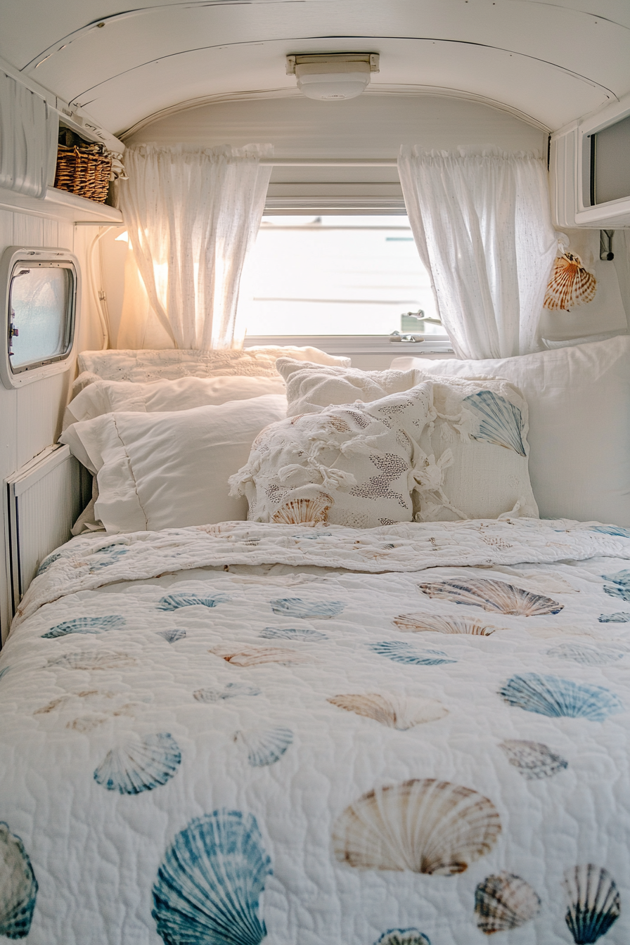 Serene, ocean-themed sleeping area in camper. White seashell motif comforter.