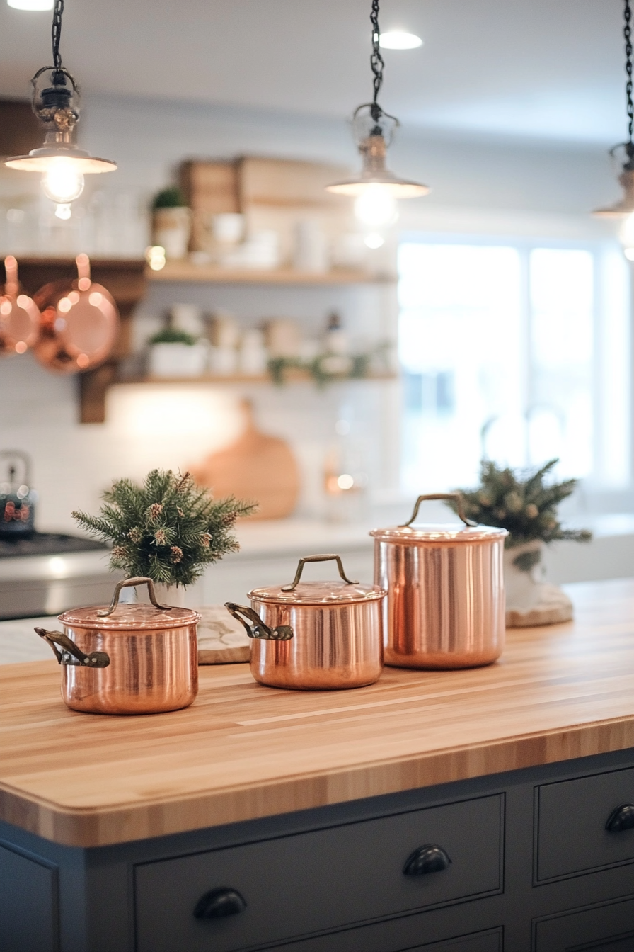 Modern Farmhouse Kitchen. Copper pots hung above an island with butcher block countertop.