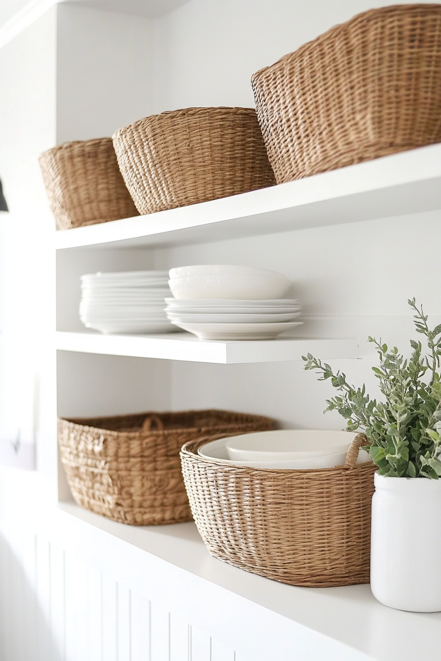 Small apartment storage idea. Wall-mounted shelving with wicker baskets.