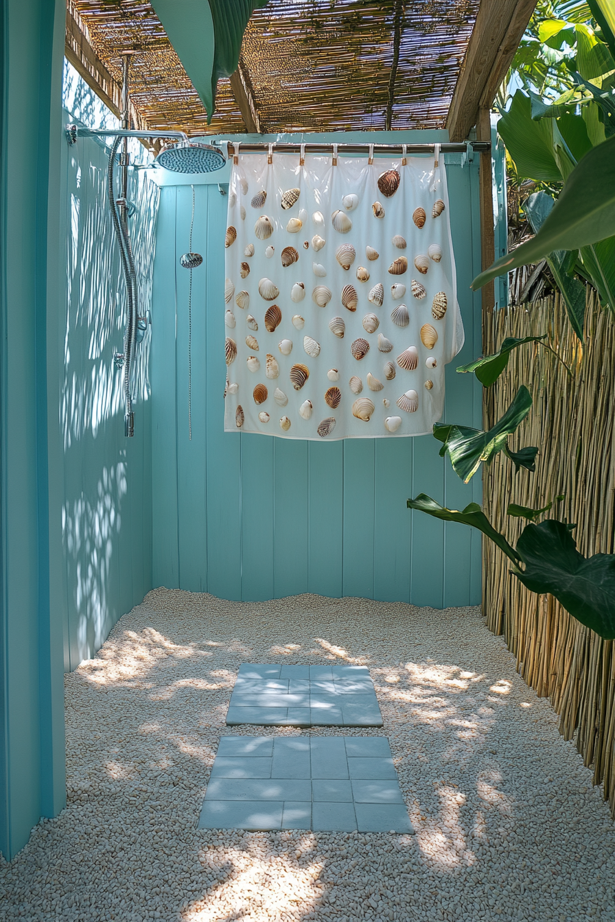 Outdoor shower setup. Seashell curtain against pale blue and sandbox flooring.