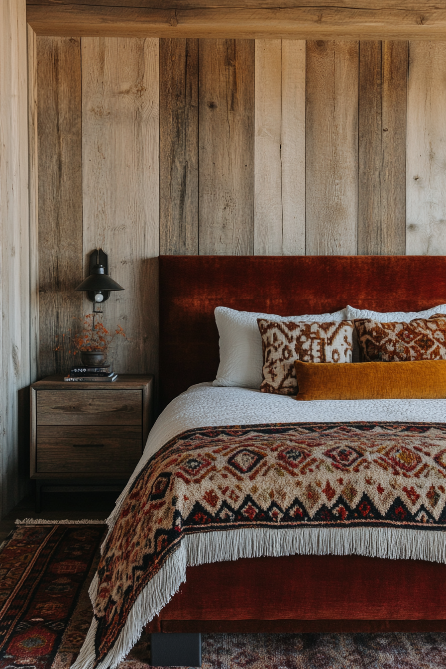 Fall bedroom. Velvet king-size bed with Art Deco patterns and rustic barn wood nightstands.