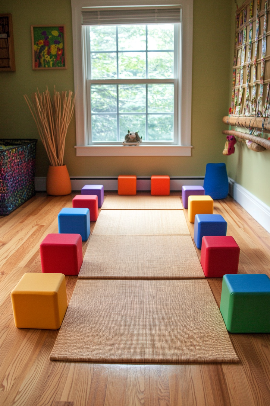 Compact kids' yoga area. Oak floor mats with colorful Montessori yoga blocks.