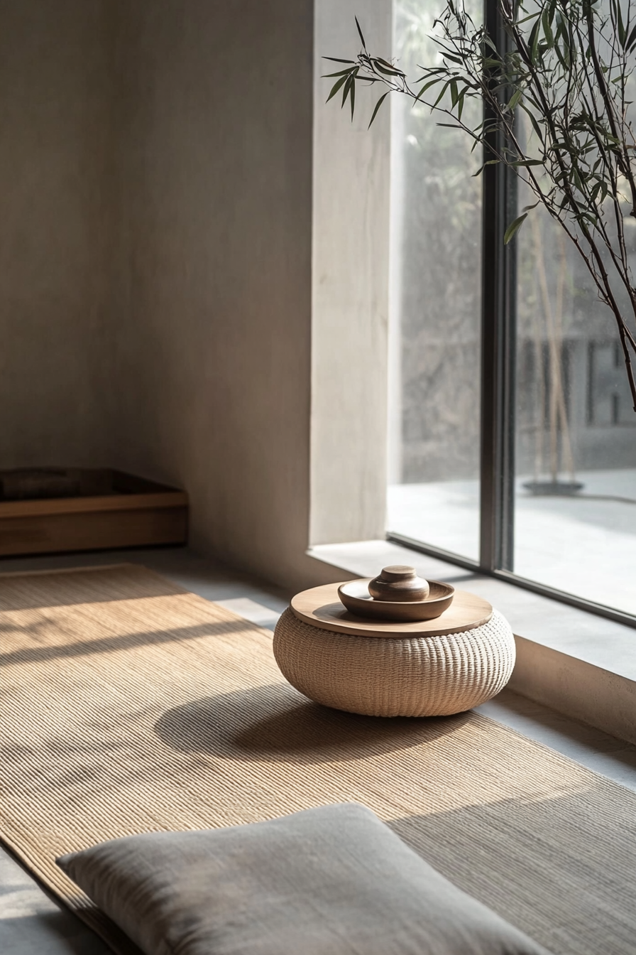 Japandi home yoga studio. Bamboo mat with minimalistic teak meditation stool.