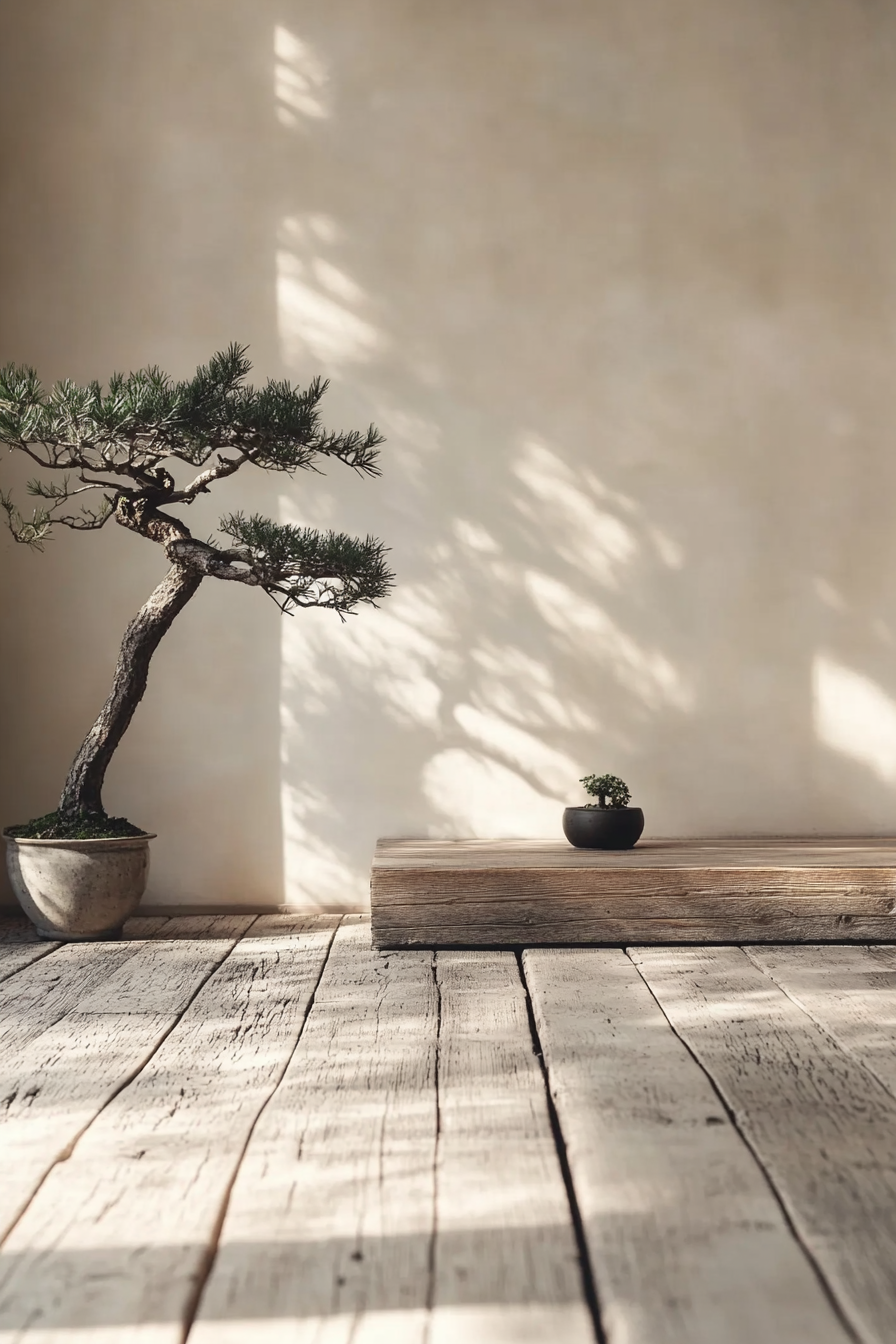 Japandi home yoga studio. Weathered wood flooring with bonsai plant in the corner.