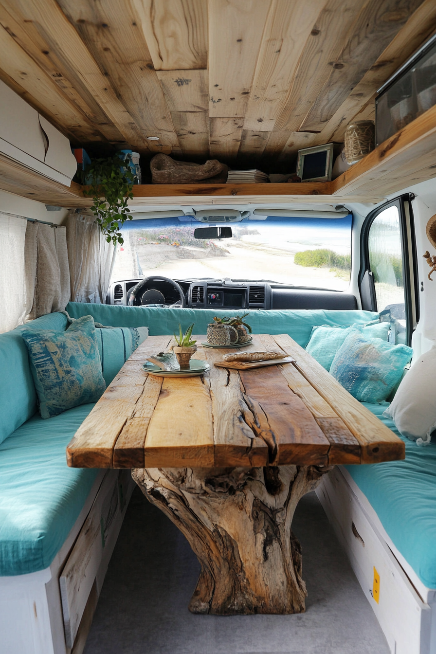 Camper van interior. Driftwood tabletop with turquoise cushions.