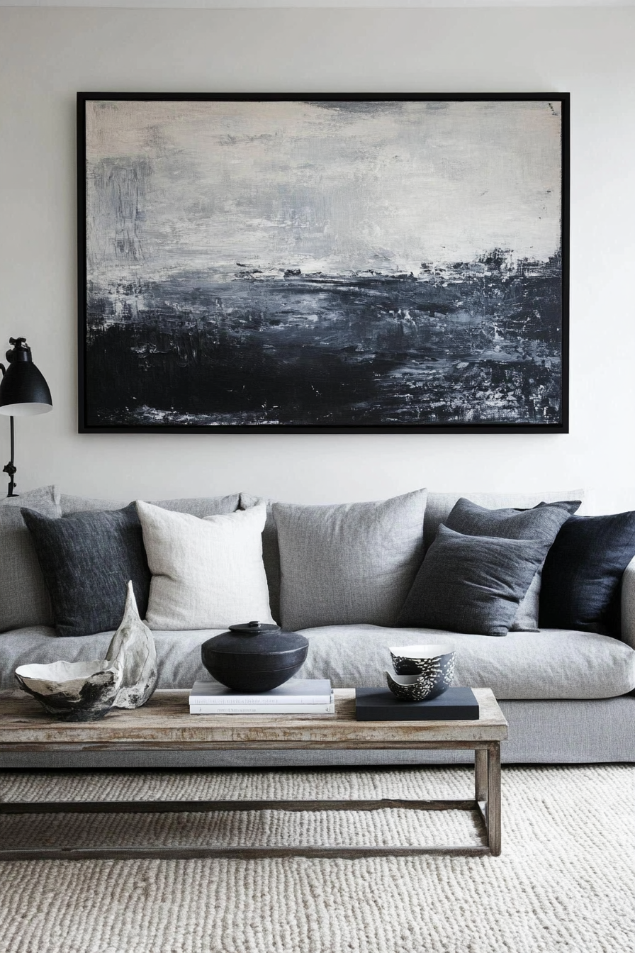 Living room. Abstract-expressionist painting above a sleek, greyscale couch.