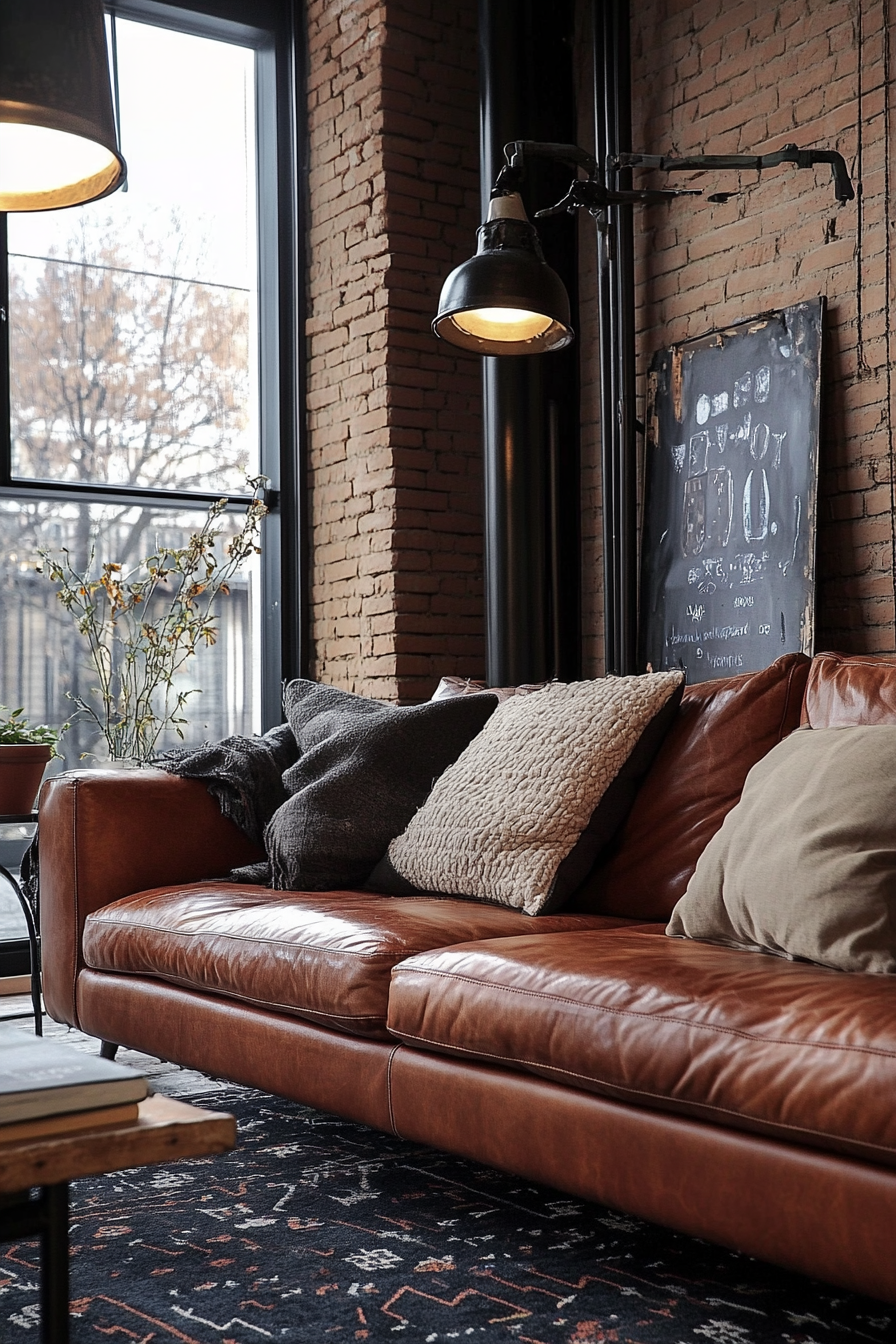 Industrial-Cozy Fall Living Room. Leather couch with autumn-colored cushion.