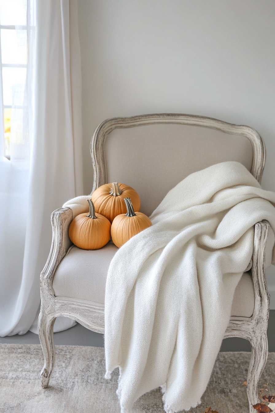 Fall minimalist bedroom. Wool throw on a taupe chair with dried pumpkin gourds.