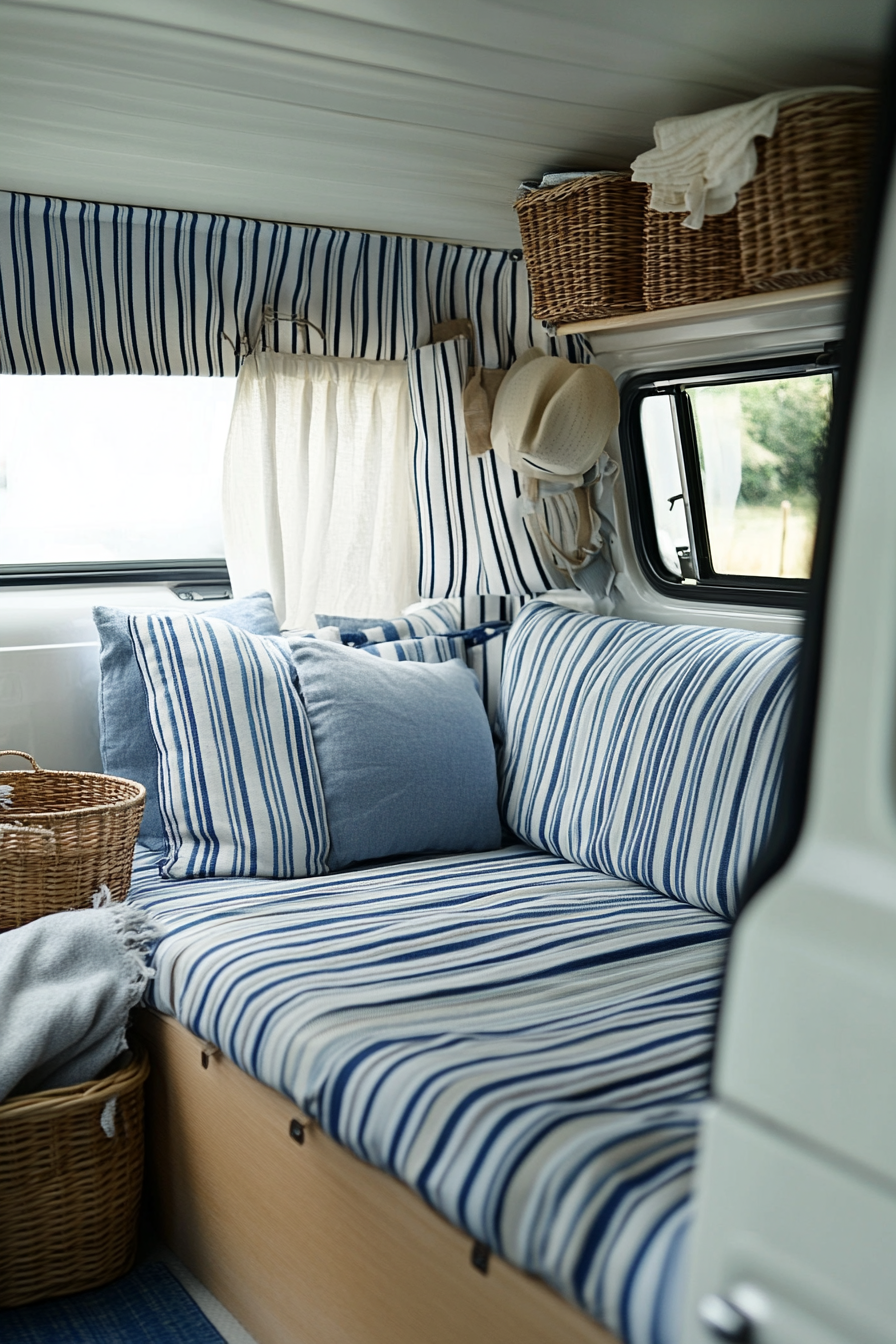 Coastal camper van interior. Blue and white striped upholstery with wicker basket storage.