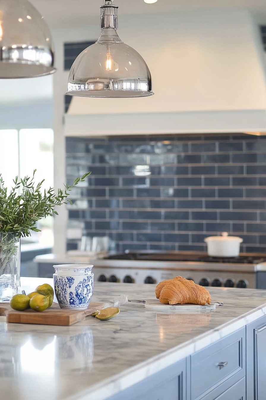 Coastal modern kitchen. Blue subway tiles with white marble countertops.