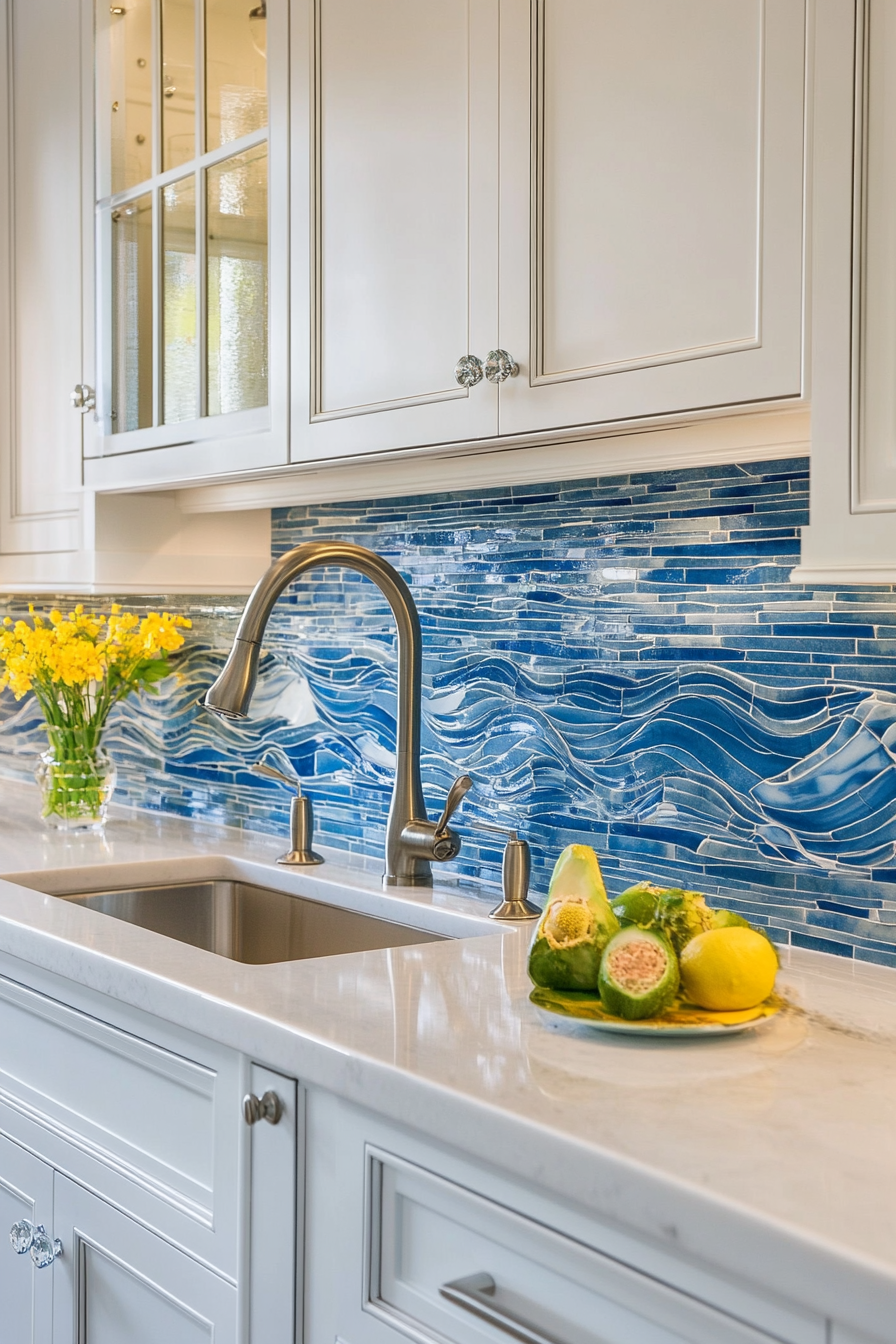 Modern kitchen. Coastal style, blue tile backsplash with white cabinetry.