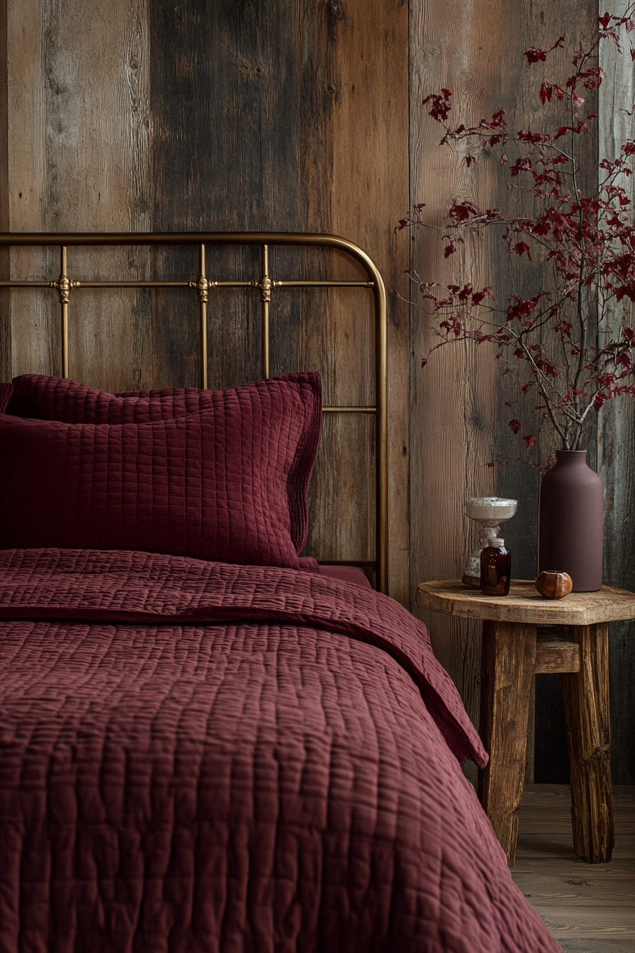 Fall Bedroom. Maroon duvet on brass Art Deco bed with rustic wooden side table.