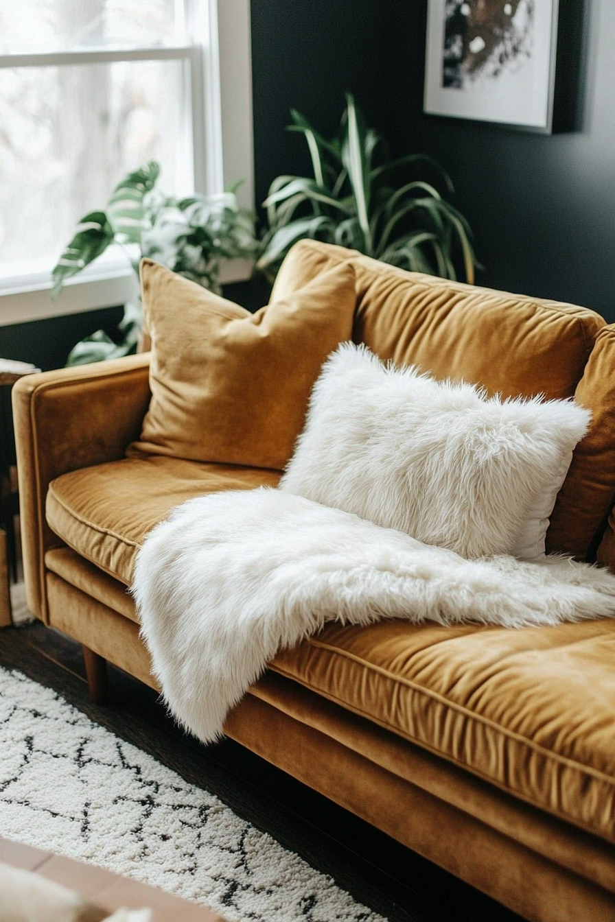 Fall living room. Suede tan sofa with a fuzzy white accent throw.