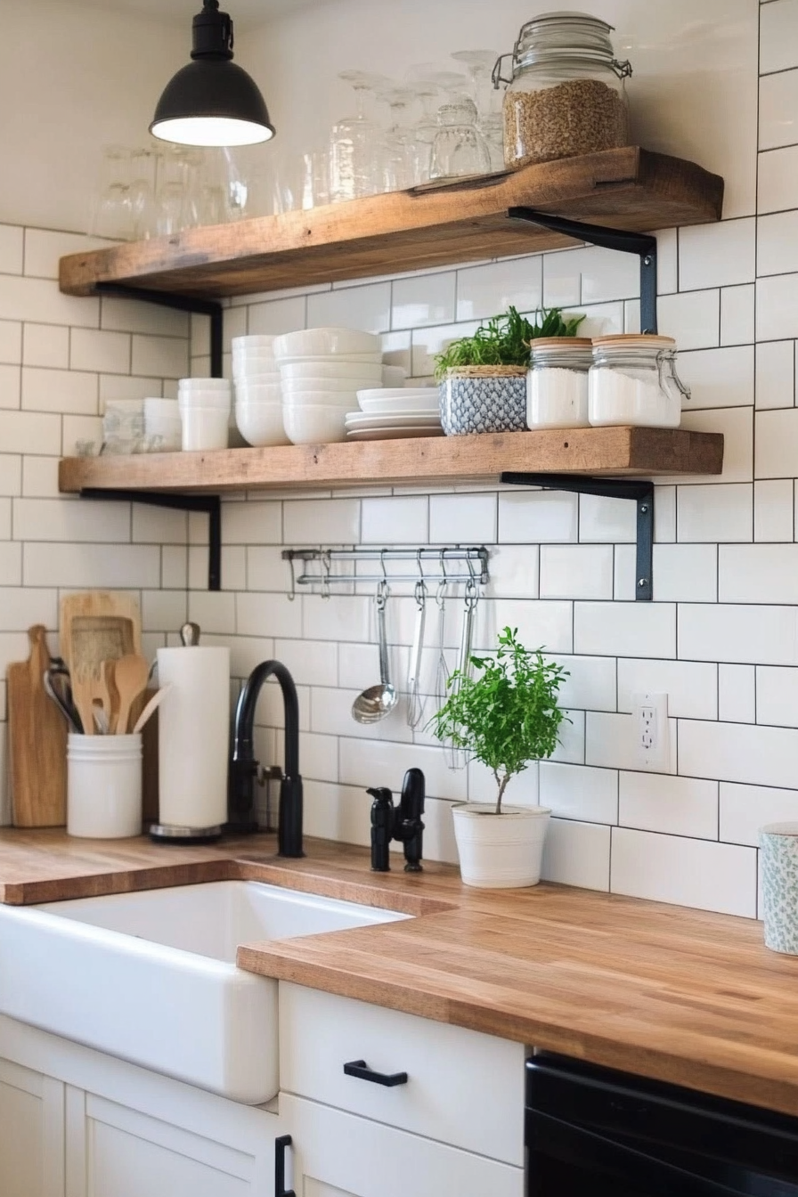 Farmhouse kitchen. White subway tiles with wooden countertops.