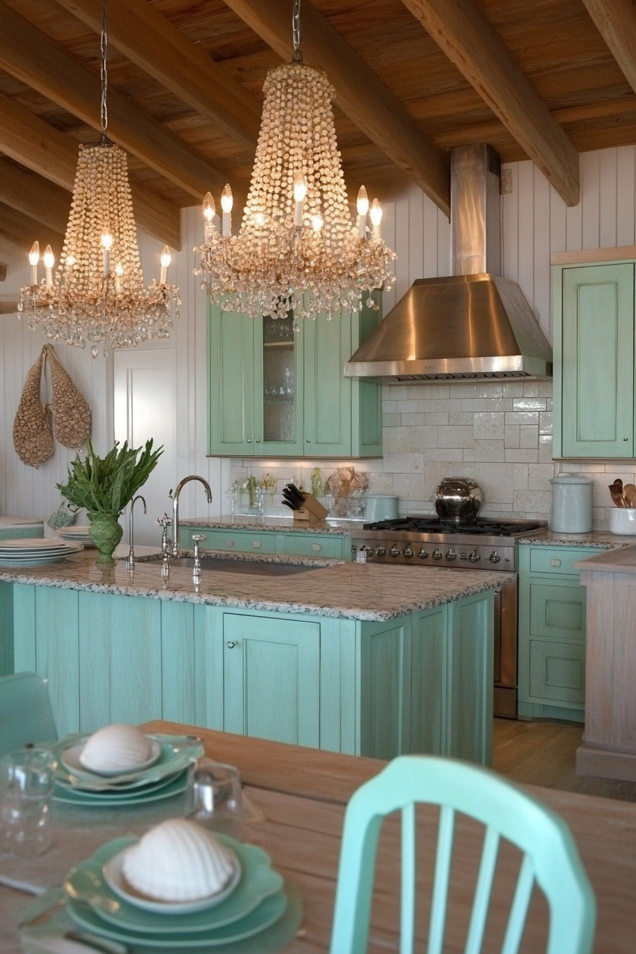 Coastal-themed kitchen. Rustic seashell chandeliers, mint green cupboards, vintage stoneware dinnerware.