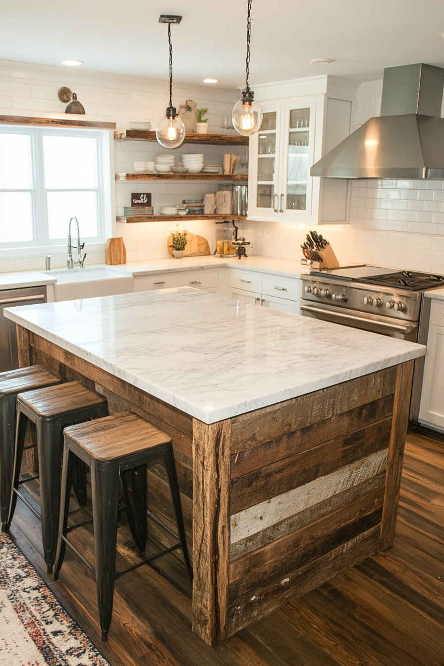 Farmhouse kitchen. Reclaimed wood island with white marble top.