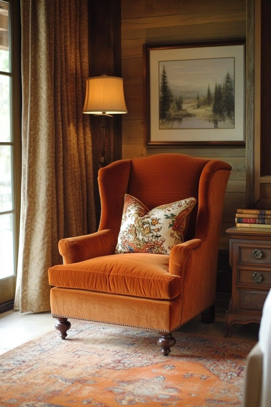 Art Deco-Rustic fall bedroom. Wingback chair with rich orange velvet upholstery.