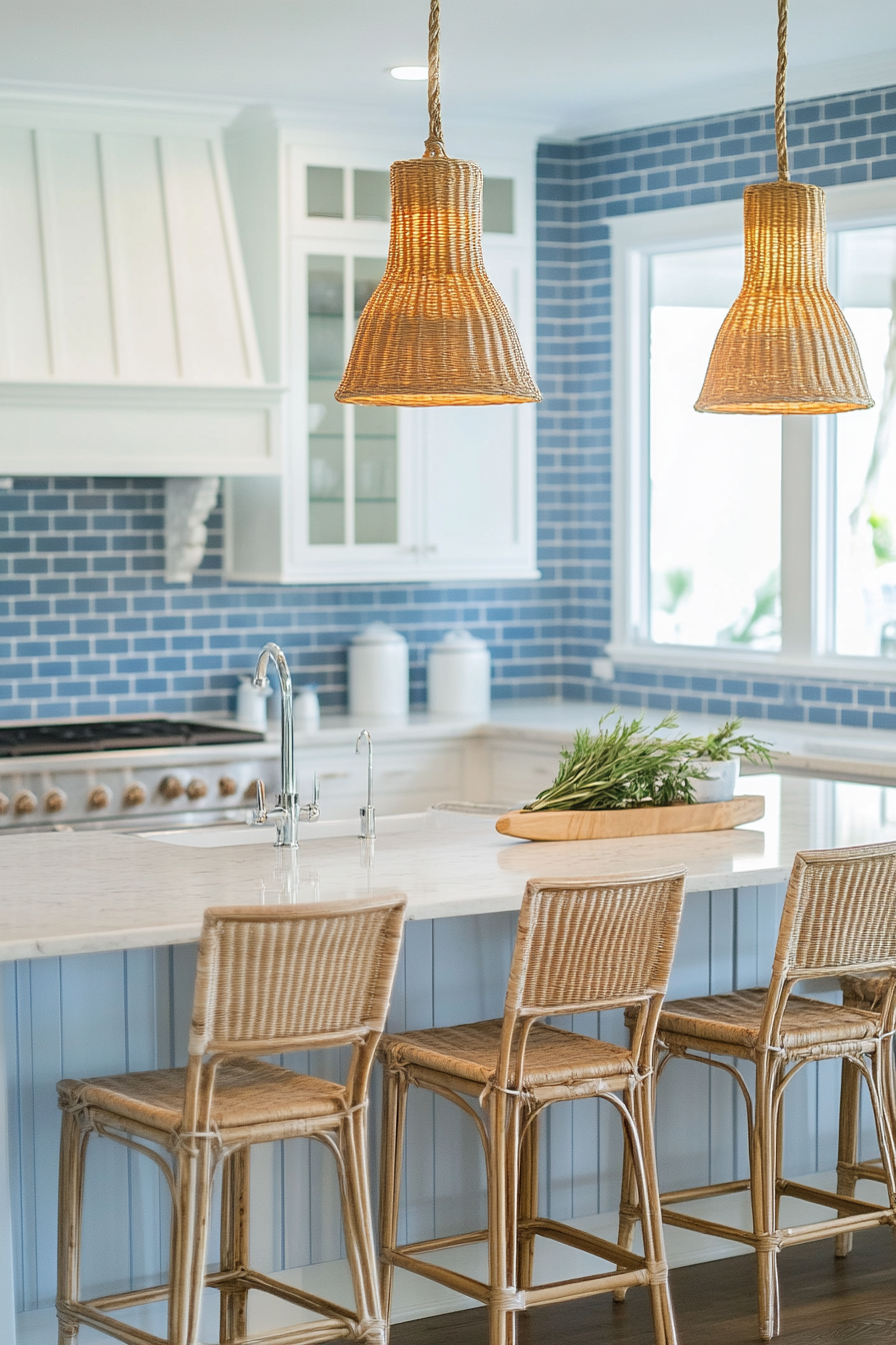 Coastal modern kitchen. Blue subway tiles, white marble countertops, rattan lighting.