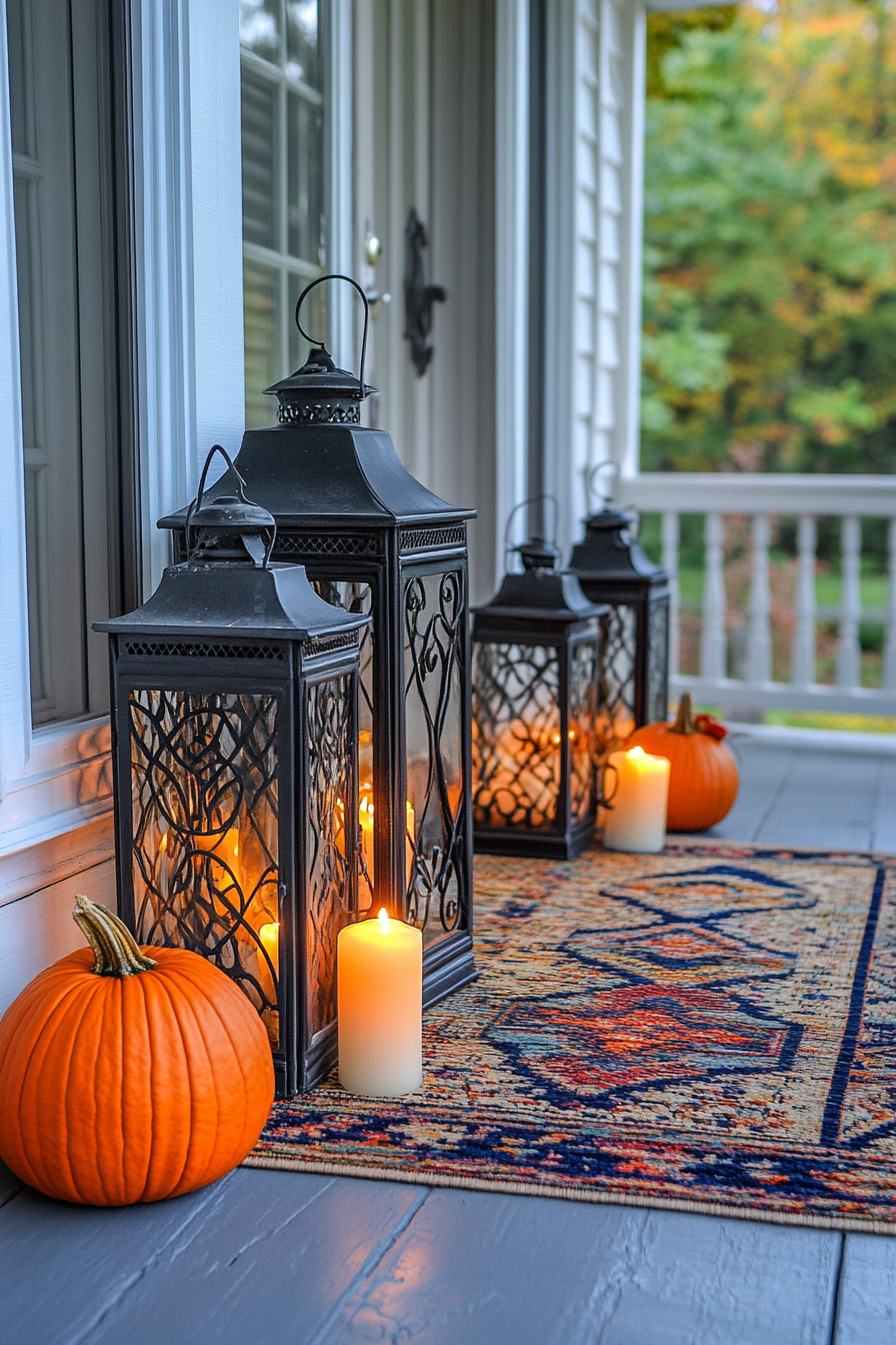 Fall porch design. Iron lanterns with orange candles surrounded by muted multicolor rugs and pumpkins.