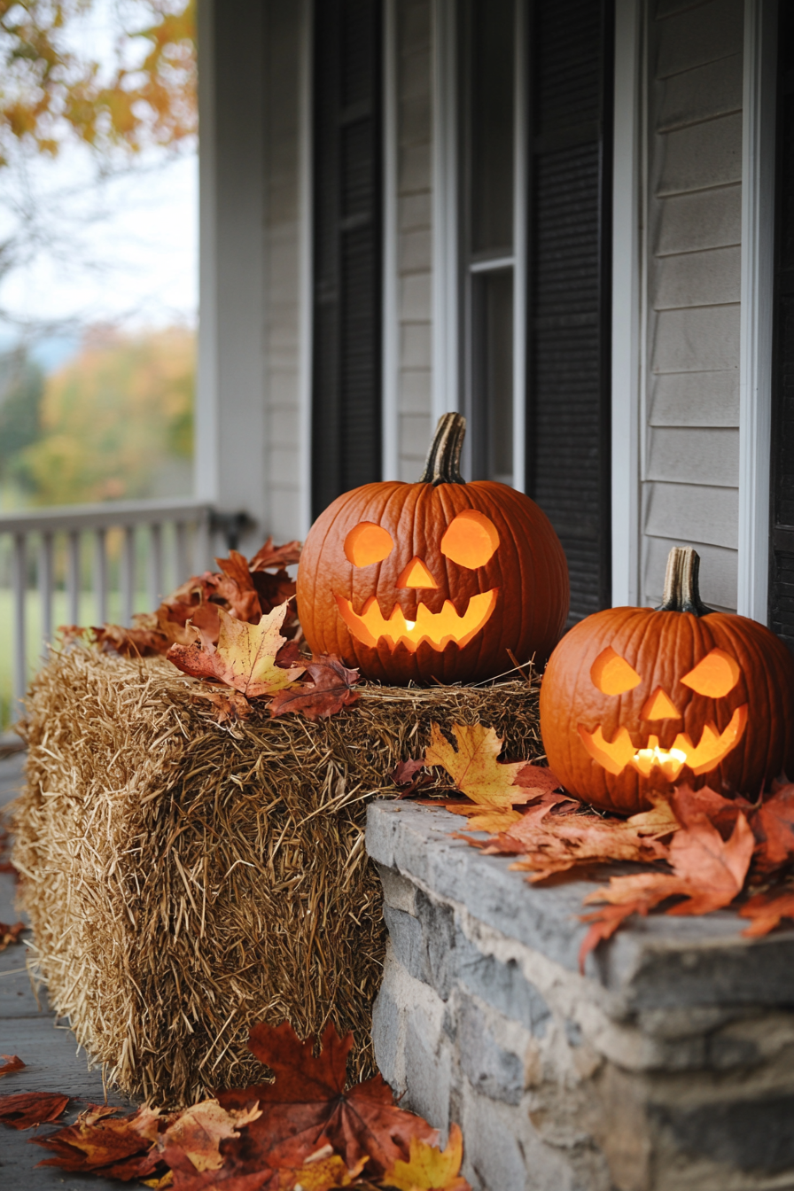 Fall porch. Hay bale adorned with carved pumpkins and variegated autumn leaves.