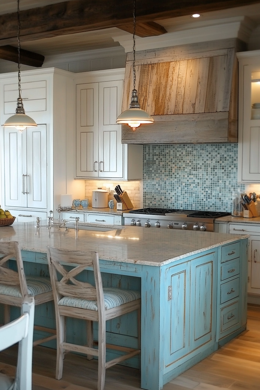 Coastal-themed kitchen. Mathematical mosaic backsplash, weathered white cabinets, robin's egg blue center island.