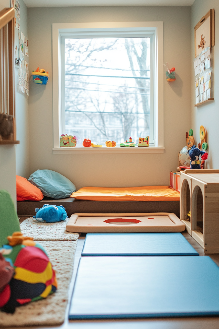 Kids' yoga area. Compact Montessori playhouse with attached baby-proof yoga mat.