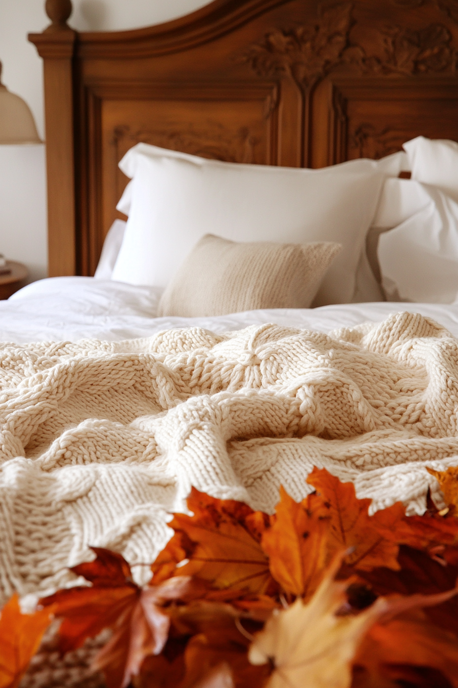 Fall bedroom. Cream knitted blanket on a timber bed amidst burnt orange leaves.