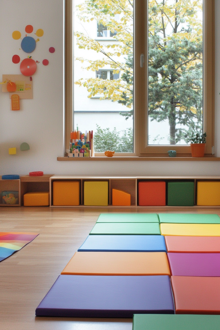 Kids' yoga area. Compact trapezoidal mats with core Montessori-colored storage units.