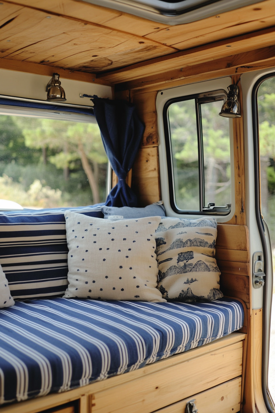 Coastal Camper Van Interior. Knotted pine woods with navy-striped cushions.