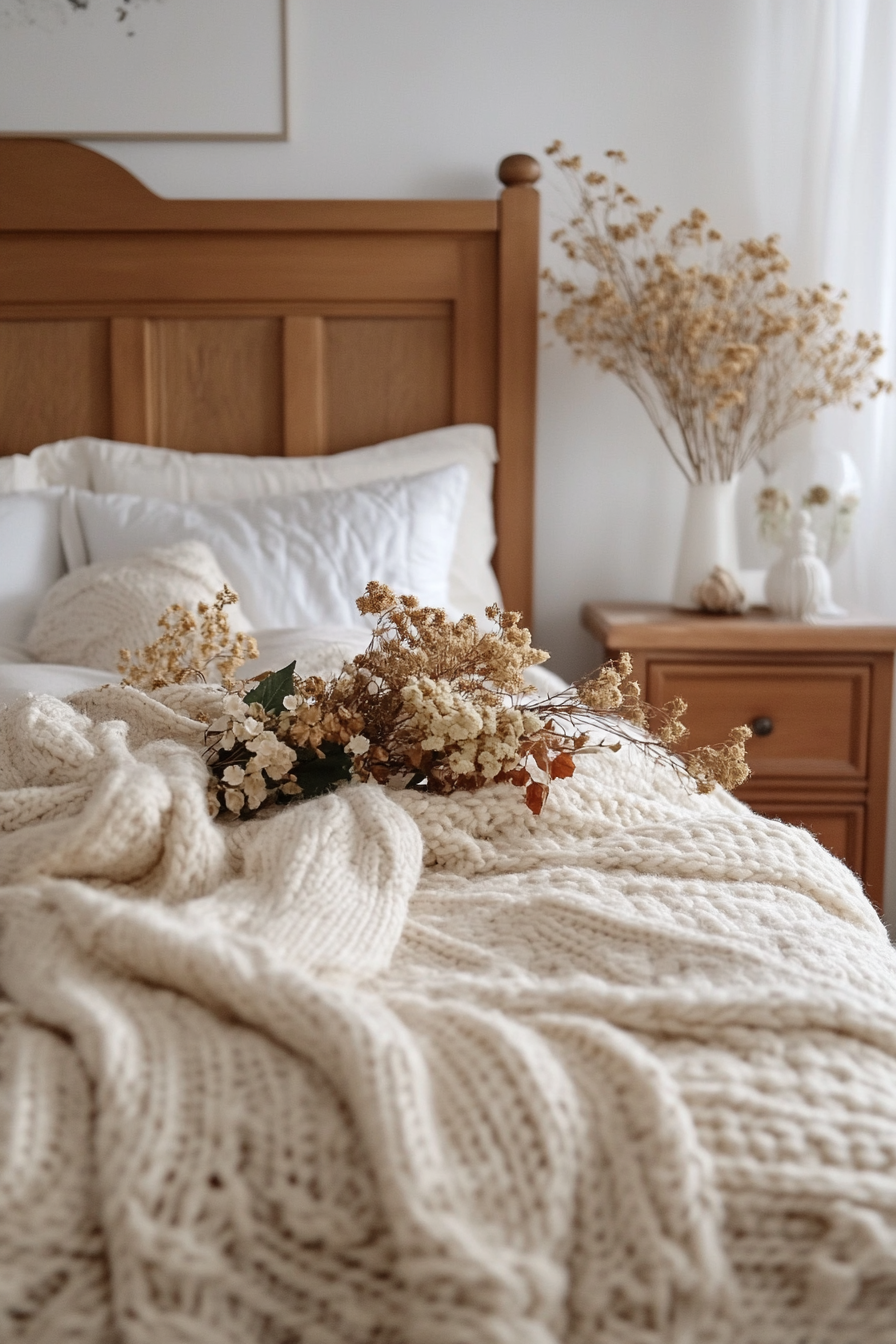 Fall bedroom. Oak wood bed frame, cream knitted blanket, dried flowers.