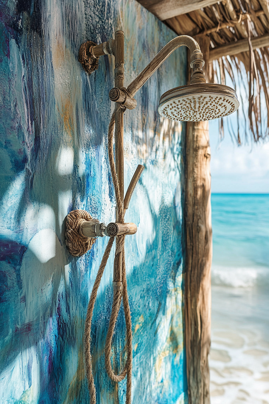 Outdoor shower setup. Nautical rope and driftwood fixture with ocean mural background.